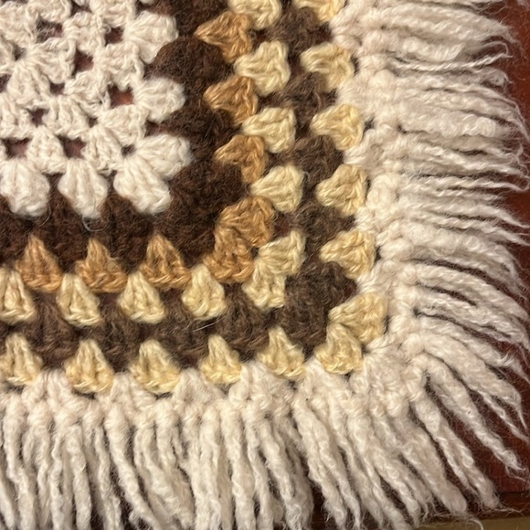 Vintage crocheted knit blanket afghan granny hand knit brown cream white 42X44 - Picture 2 of 5